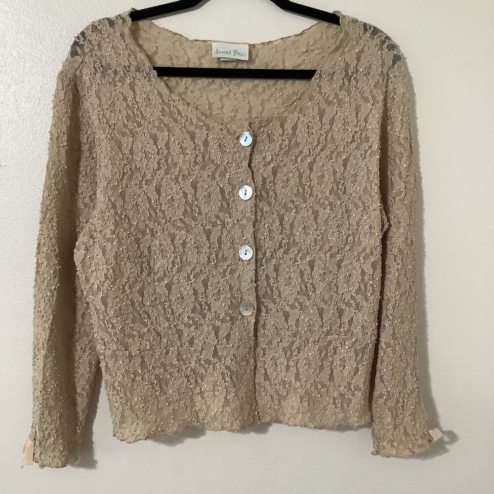 Tan Lace Cardigan XL Fairycore Mori‎ Kei Cottagecore Feminine Boho Bow Girly
